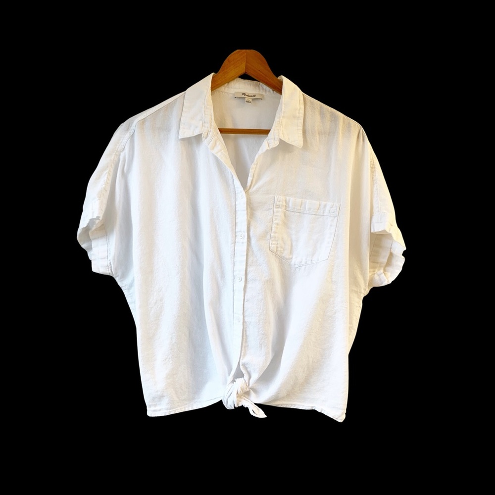 Madewell Short Sleeve Button Up Front-Tie White Cotton Top Sz XL